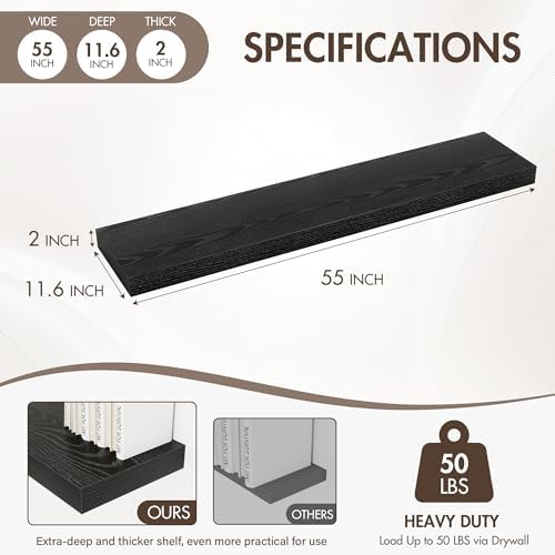 Acovy 55 Inch Floating Shelves, 12" Deep Floating Shelf Wall Mounted, 55" Wall Shelves, Rustic Deep Bookshelf, Extra Deeper & Thicker Display Shelves for Bedroom, Living Room, Set of 1 - Image 4