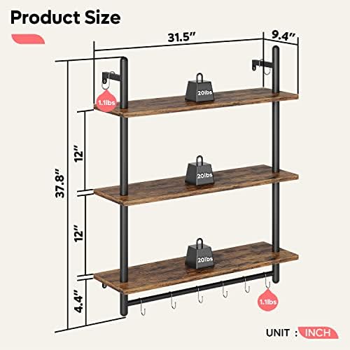 Bestier 3 Tier Industrial Pipe Shelving, Floating Book Shelves for Wall, Storage Hanging Shelves with Towel Bar for Bathroom Organizer Bedroom Kitchen Plants Office. 31.5 Inch Rustic Brown - Image 2