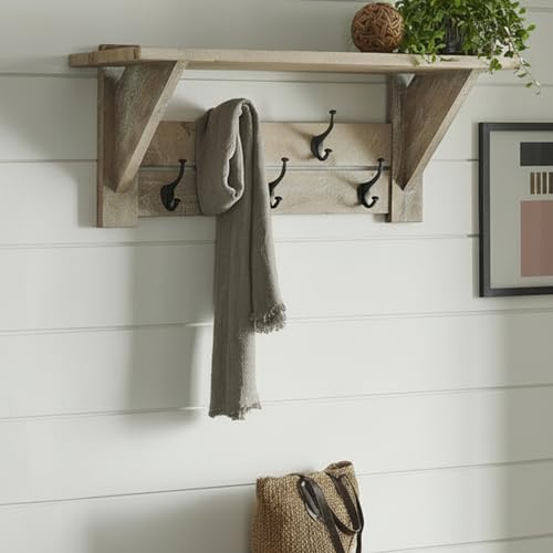 Alaterre Bethel Rustic Solid Wood Wall Mount Coat Rack w/Shelf, Driftwood - Image 2
