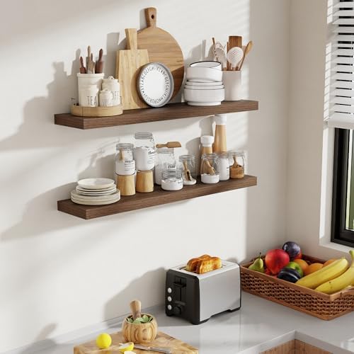 Acovy 36 Inch Floating Shelves, 8 Inch Deep Floating Shelves for Wall, Hanging Shelf with Invisible Brackets, Deep Shelves for Bathroom, Bedroom, Living Room, Walnut, Set of 2 - Image 2
