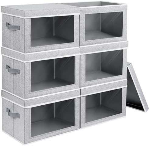 Homsorout Large Storage Baskets with Lids - Stackable Cube Bins for Closet, 6 Pack Windows Organizer Bins, Home Organizers and Storage for Clothes, CD, Towels, Light Grey by Homsorout