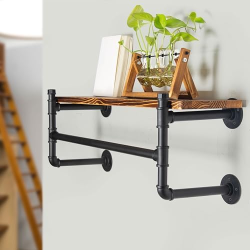 WEBI Wall Mounted Clothes Rack with Shelf,32" Industrial Pipe Clothing Rack with Shelves,Heavy Duty Iron Garment Rack Bar,Retail Display Clothes Rod for Clothes,Laundry Room,Black - Image 5