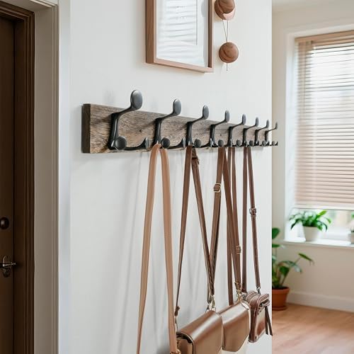 WEBI Coat Rack Wall Mount,43" Solid Wood Coat Hooks Wall Mounted Coat Hanger,16" Hole to Hole,Heavy Duty Hook Rack Rail,8 Triple Hooks for Hanging Coats,Jacket,Clothes,Hat,Weathered Brown,2 Packs - Image 2