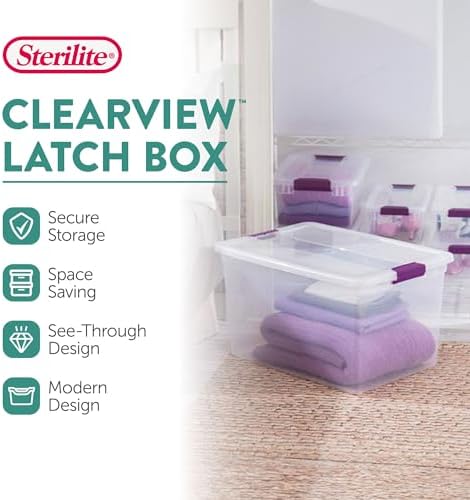 Sterilite 66 Qt ClearView Latch Storage Box, Stackable Bin with Latching Lid, Organize Clothes, Blankets, Items in Closet, Clear Base and Lid, 12-Pack - Image 2