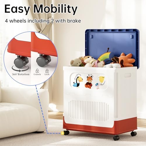 HAIXIN 60QT Storage Bin with Lid and Wheels, White-Blue-Red Toy Chest - Image 4
