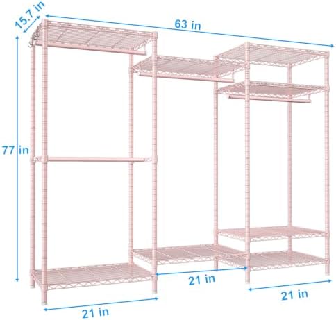 Ulif E13 Heavy Duty Clothes Rack（With 4 Hanger Rods & 8 Shelves） Freestanding Clothing Racks for Hanging Clothes，Adjustable Closet Organizer，Metal Garment Rack 63" W x16 D x77 H，Max Load 900LBS，Pink - Image 2