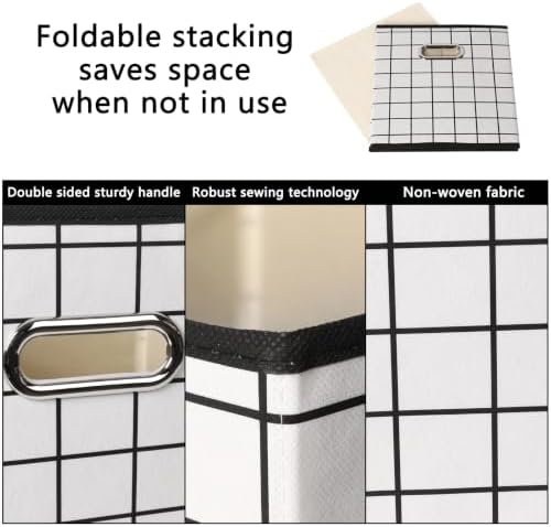 Fabric Cubby Storage Bins,13x13x13 Inches,Cube Organizer Bin Foldable Storage Boxes with Dual Handles Fabric Organizer Box and collapsible Storage basket,Set of 3,White grid - Image 7