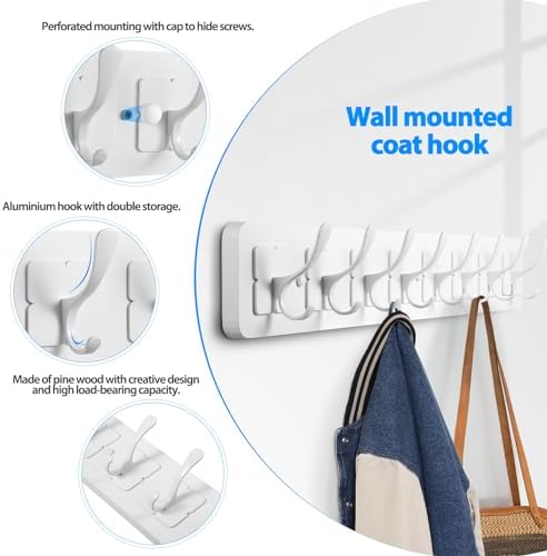 Coat Rack Wall Mounted,Wooden Wall Coat Rack with 8 Double Hooks for Hanging Clothes,Coats,Hats,Jackets,31.5inch (White, 8 Hooks) - Image 3