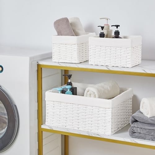 Vagusicc Wicker Basket, Set of 3 Hand-woven Storage Baskets for Organizing, Decorative Rectangle Wicker Storage Basket Bins with Handles, Small Toilet Paper Storage Baskets for Shelves & Decor, White - Image 4