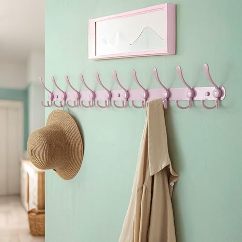 Dseap Coat Rack Wall Mount - 38” Long 10-Tri-Hooks Heavy Duty Coat Hanger Rail Wall Hooks for Hanging Coats Hats Clothing Clothes Purse Mudroom Entryway, Pink - Image 3