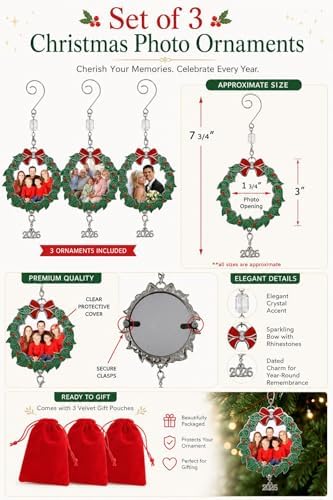 Family Christmas Ornament 2026 Set of 3, Holiday Wreath Picture Frame Ornaments with Dated 2026 Charm, 3 Inch Keepsake Photo Holder Ornaments for Tree, Gift Storage Bag Included - Image 5