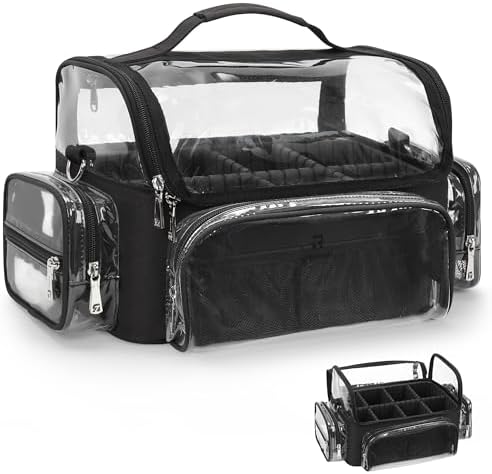 Makeup Brush Bag, Makeup Brush Case for Makeup Artist with Plastic Dividers Washable, Portable Travel Makeup Train Case with Clear Waterproof Cover for Easy to Clean and Find with Adjustable Strap by NAONAYA