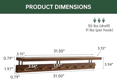 Walnut Wall Hooks with Shelf, Coat Rack Wall Mount, Entryway Hanging Shelf with 9 Brass Hooks for Hats, Clothes, Towels, Bags, Black Walnut Wood, Walnut - Image 2