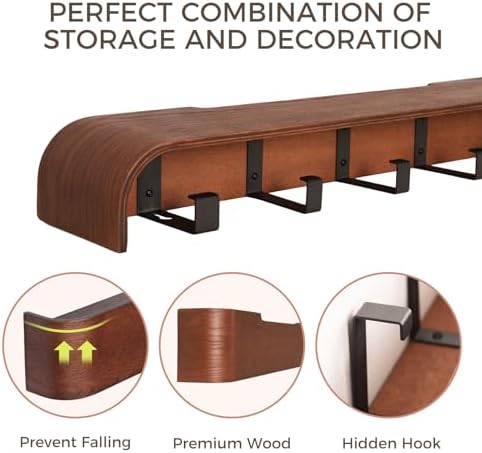 Coat Rack Wall Mount with Shelf Entryway Shelf Modern Key Holder Hanger Wall Shelves with Hidden Hooks for Hanging Towels Coats Hats Bags for Hallway Bathroom Bedroom(Walnut Color, 5 Hooks) - Image 5