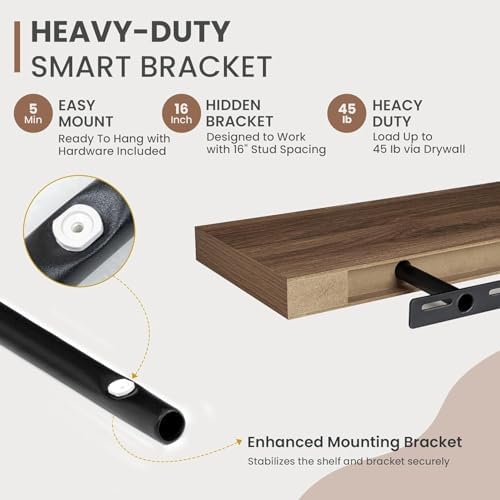 Acovy 48 Inch Floating Shelves, 8 Inch Deep Floating Shelves for Wall, Hanging Shelf with Invisible Brackets, Deep Shelves for Bathroom, Bedroom, Living Room, Walnut, Set of 2 - Image 4