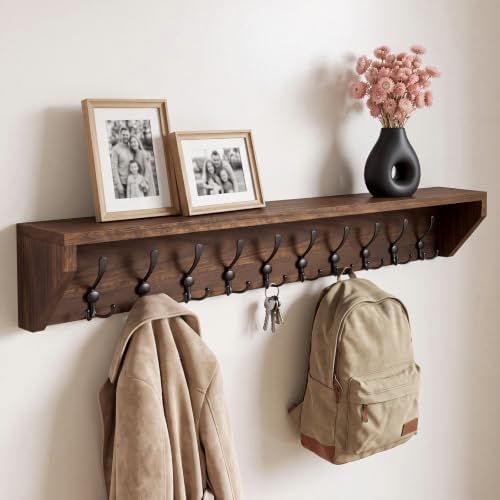 Geelin 48 Inch Wall Shelf with Hooks and Shelf Organizer Wall Mount Coat Rack with 10 Triple Hooks for Hanging for Entryway, Hallway, Bathroom, Living Room, Bedroom by Geelin