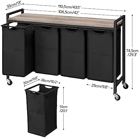 HOOBRO Laundry Sorter 4 Sections, Laundry Hamper with Wheels, 4 × 10.5 Gal (39.8L), Rolling Laundry Basket, Pull-Out and Removable Oxford Fabric Bags, Greige and Black BG04XY01 - Image 7