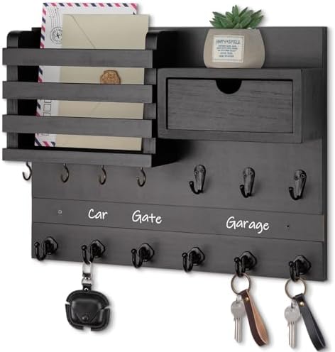 Nekon Key Holder Wall Mount with Drawer, 14.5" Mail Holder, Black by NekonDesign