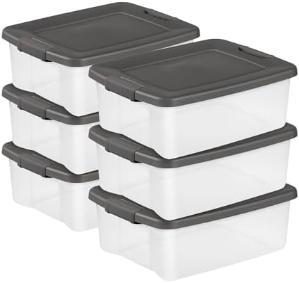 Sterilite 25 Qt ShelfTote, Stackable Storage Bin with Latching Lid, Plastic Container to Organize Closet Shelves, Clear Base and Gray Lid, 6-Pack by Sterilite