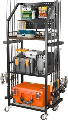 SOYEEZE Fishing Rod Holders for Garage, Fishing Pole Holders Up to 12 Rods with Pegboard and Hooks,Rolling Fishing Cart with Wheels, Fishing Gear Storage For Tackle Box & Reel Organization-6 Hooks by SOYEEZE
