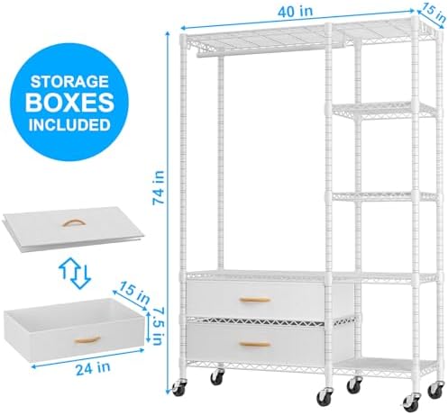 Ulif F3R Heavy Duty Clothes Rack（With Lockable Wheels）Freestanding Clothing Racks for Hanging Clothes，Adjustable Closet Organizer System，Portable Garment Rack 40"W x 15"D x 74"H，Max Load 700LBS，White - Image 2