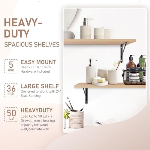 Kaboon 36 inch Long 10 inch Deep Floating Shelves for Wall Set of 2, Large Open Shelves Wall Mounted, Space Saving Home and Commercial Use, Light Walnut - Image 5