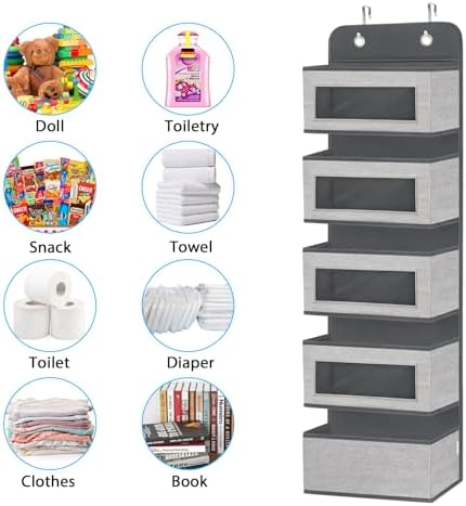 homyfort 2 Pack Over the Door Hanging Organizer with 5 Large Pocket and Clear Window, Sturdy Over the Door Storage Organizer for Closet, Pantry, Bathroom,Bedroom, Nursery, Dorm (Grey) - Image 7