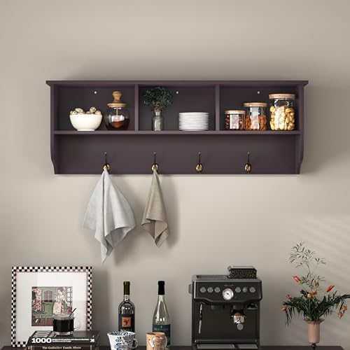 Wall Mounted Coat Rack Shelf,4 Dual Hooks,3 Cubbies,Espresso by Unknown