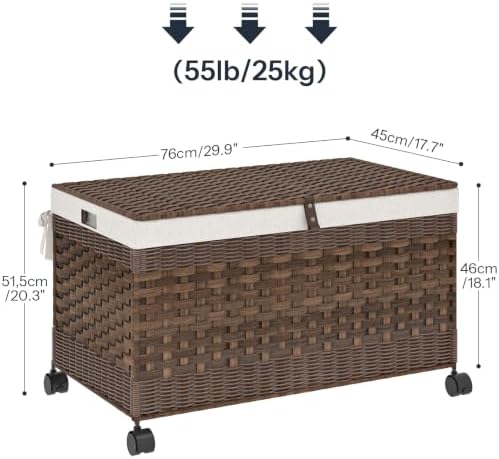 HOOBRO Storage Basket with Lid, 42.3 Gallon (160 L) Woven Storage Bin with Wheels, Wicker Basket with Handles, Foldable, Removable Liner, Metal Frame for Bedroom, Laundry Room, Brown BR246CW01 - Image 3