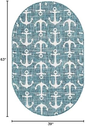 Unique Loom Outdoor Coastal Collection Area Rug - Ahoy (3' 3" x 5' 3" Oval, Teal/ Ivory) - Image 2