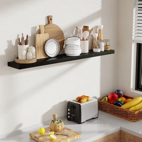 Acovy 48 Inch Floating Shelves, 8 Inch Deep Floating Shelves for Wall, Hanging Shelf with Invisible Brackets, Deep Shelves for Bathroom, Bedroom, Living Room, Black, Set of 1 - Image 2