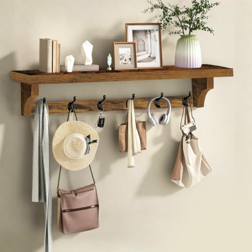 RALGEND 29" Coat Rack Wall Mount Shelf, Entryway Wall Shelf with 6 Metal Hooks, Coat Hangers for Living Room, Modern Wooden Floating Shelves for Bathroom, Bedroom, Kitchen, Rustic Brown 7401BJR1BF - Image 4