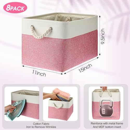 meekoo 8 Pack Fabric Storage Bins Baskets, 15 x 11 x 9.5 in, Pink White - Image 3