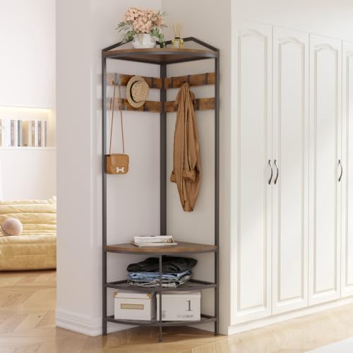 GiftGo Corner Hall Tree with Shoe Bench Entryway Coat Rack with 10 Metal Movable Hooks Floor Standing Clothes Rack Shoes Shelf Organizer for Home Office Bedroom (Rustic Brown) - Image 2