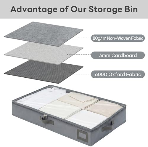 6" Versatile Under Bed Storage Bins (3-Pack, Charcoal Grey), Sturdy 600D Oxford Fabric Clothes Organizer Containers with Matching Vegan Leather Handles for Sweaters, Linens & Bedding - Image 4