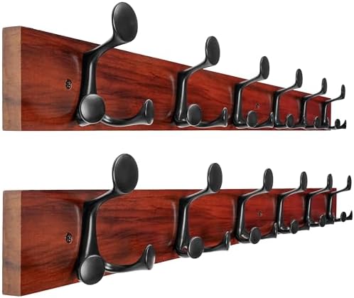 WEBI Coat Rack Wall Mount,36" Solid Wood Coat Hooks Wall Mounted Coat Hanger,16" Hole to Hole,Heavy Duty Hook Rack Rail,6 Triple Hooks for Hanging Coats,Jacket,Clothes,Hat,Backpack,Cherry,2 Packs by WEBI