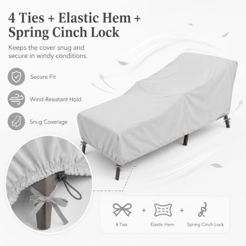Treasure Garden Small Chaise Lounge Cover, Heavy Duty 300D Polyester Patio Chaise Cover, Water Resistant, UPF50+ UV Protection, 4 Ties, Elastic Hem, Spring Cinch Lock, Storage Bag, 32"W x 80"D x 42"H - Image 5
