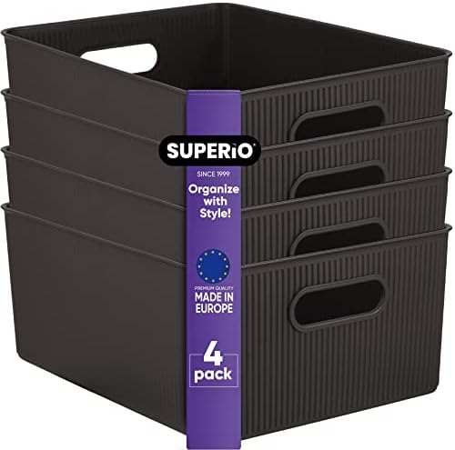 Superio Ribbed Collection - Decorative Plastic Basket Open Home Storage Bins Organizer, Large Brown (4 Pack) Container Boxes for Organizing Closet Storage Bins for Shelves 15 Liter/16 Quart by Superio