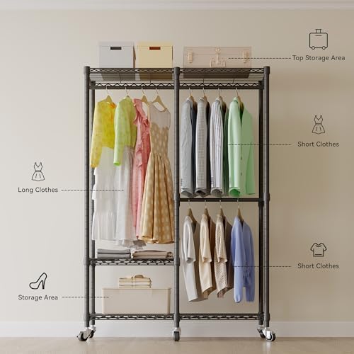 Higeego H9 Heavy Duty Rolling Clothes Rack with Cover, Covered Garment Rack with Wheels and Shelves, Wardrobe Closet, Portable Closet for Hanging Clothes, Black Clothing Rack with Grey Cover - Image 3