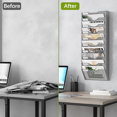 EasyPAG 10 Pocket Mesh Wall File Organizer, Hanging Paper Folder Holder with Classify Label, Vertical Wall Mount Mail Organizer for Office Home Classroom, Silver - Image 5