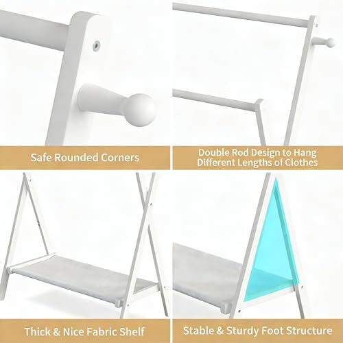 BAMBOOHOMIE Kids Clothing Rack, Small Clothes Rack for Toddler Pets, Kids Dress Up Rack with Storage Shelf & Double Rods, Foldable Kids Clothes Rack for Nursery Child's Room (Regular Size - White) - Image 3
