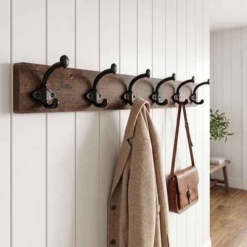 WEBI Rustic Coat Rack Wall Mount,24" Long 6 Cast Iron Coat Hooks Wall Mounted,Heavy Duty Farmhouse Wood Coat Hanger Wall Antique Vintage Hooks for Hanging Jacket,Clothes,Backpack,Rustic Brown,2 Packs - Image 2