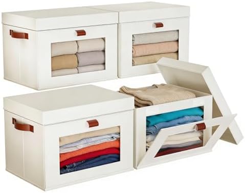 4-Pack Collapsible Stackable Storage Bins with Lids, Beige by CBJILWOF
