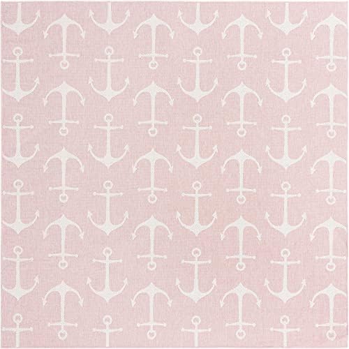 Unique Loom Outdoor Coastal Collection Area Rug - Ahoy (10' Square, Pink/ Ivory) - Image 2