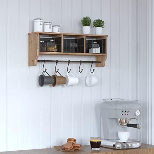 Merrick Lane Enid Wall Mount Storage Rack - Rustic Brown Pine Wood - 24" Wide - Upper Shelf - 5 Hooks - Wire Baskets - For Entryway, Kitchen, Bathroom - Image 6
