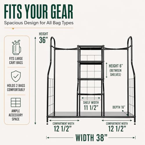 Morvat Golf Organizer for Golf Bags, Clubs, Gadgets, Travel Stuff, & Accessories, Adjustable Feet, Store and Organize Your Equipment, Holds 2 Golf Bags & 5 Metal Accessory Shelves, 38x36x16 - Image 4