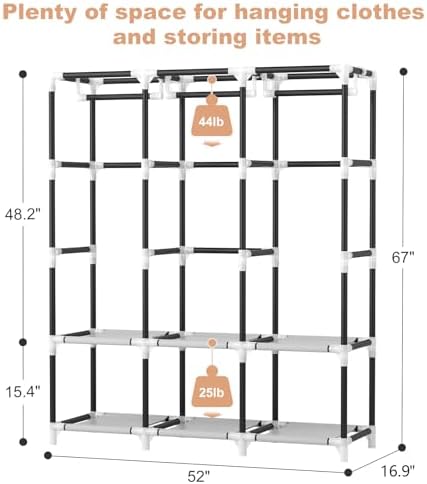 VTRIN Portable Closet for Hanging Clothes 52 Inch Wide Portable Wardrobe Closet with Cover, 6 Storage Shelves and 3 Hanging Rod, Diameter 19mm Metal Pipe, Sturdy Closet for Bedroom, Black - Image 3