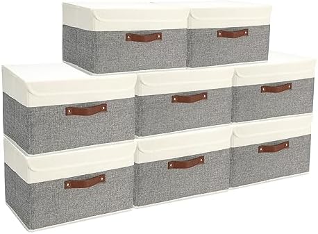 SAMORADREA 8 Pack Storage Bins Foldable Storage Boxes Fabric Storage Box with Lid & Handle Large Washable Organizer Bulk for Office, Home, Books, Clothes, Bedroom, Closet, (15INx10INx10IN White/Grey) by storage