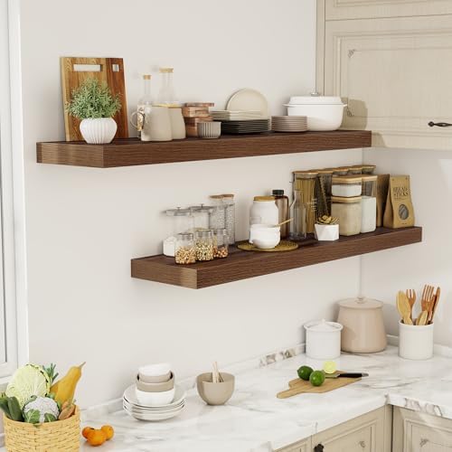 Acovy 55 Inch Floating Shelves, 12" Deep Floating Shelf Wall Mounted, 55" Wall Shelves, Rustic Deep Bookshelf, Extra Deeper & Thicker Display Shelves for Bedroom, Living Room, Walnut, Set of 2 - Image 2