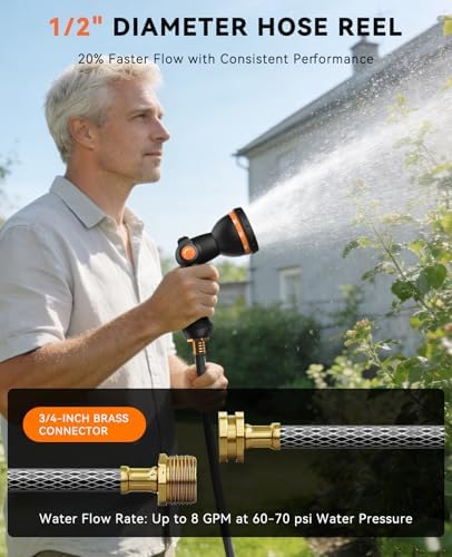 SUNPOW Retractable Garden Hose Reel - 1/2" x 100ft Wall Mounted Hose Reel with 3/4'' Brass Fitting & 10-Pattern Nozzle - Auto Slow Retraction, Any-Length Lock, 180°Swivel for Lawn & Gardening - Image 3